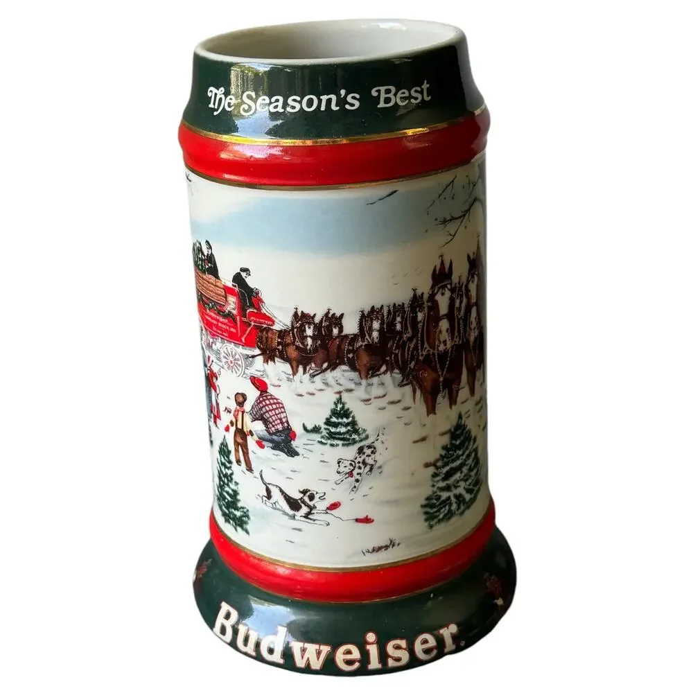 Budweiser 1991 Beer Holiday Stein No Handle Clydesdales Christmas Collectible